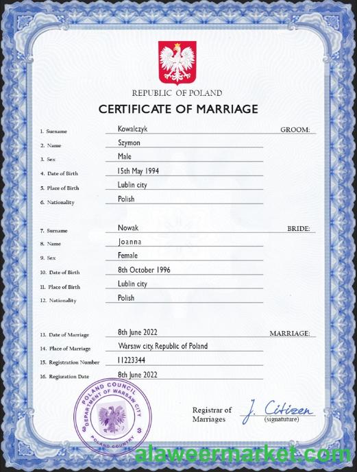 Poland marriage certificate PSD template